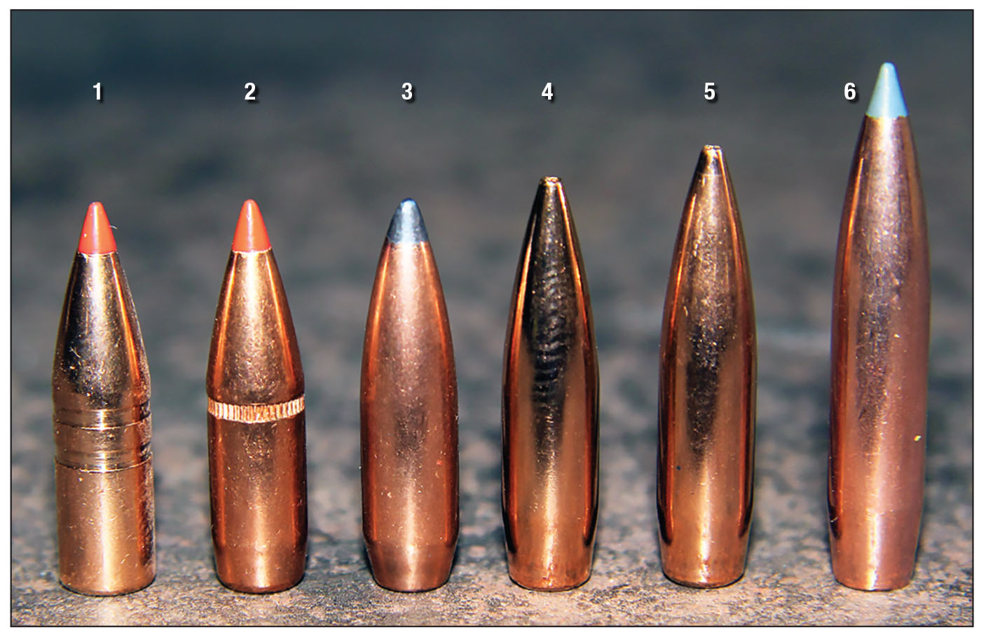 Bullets used for the accompanying handloads included: (1) Hornady’s 100-grain GMX and (2) 120-grain SST, (3) Sierra’s 130-grain GameKing SBT, (4) Berger’s 130-grain and (5) 140-grain VLD Hunting and (6) Nosler’s 165-grain AccuBond Long Range.